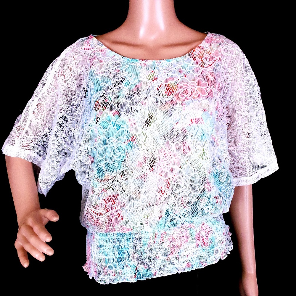 Bwear Women Top Blouse Lace Floral Size L